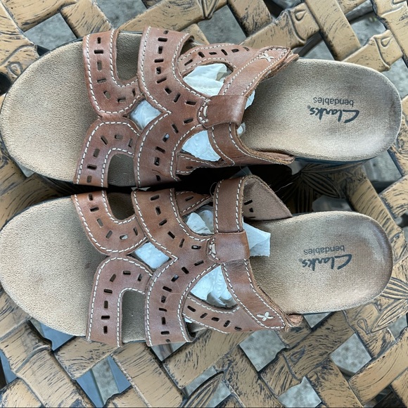 Clarks Shoes Womens Clarks Bendables Brown Leather Slip On Sandals